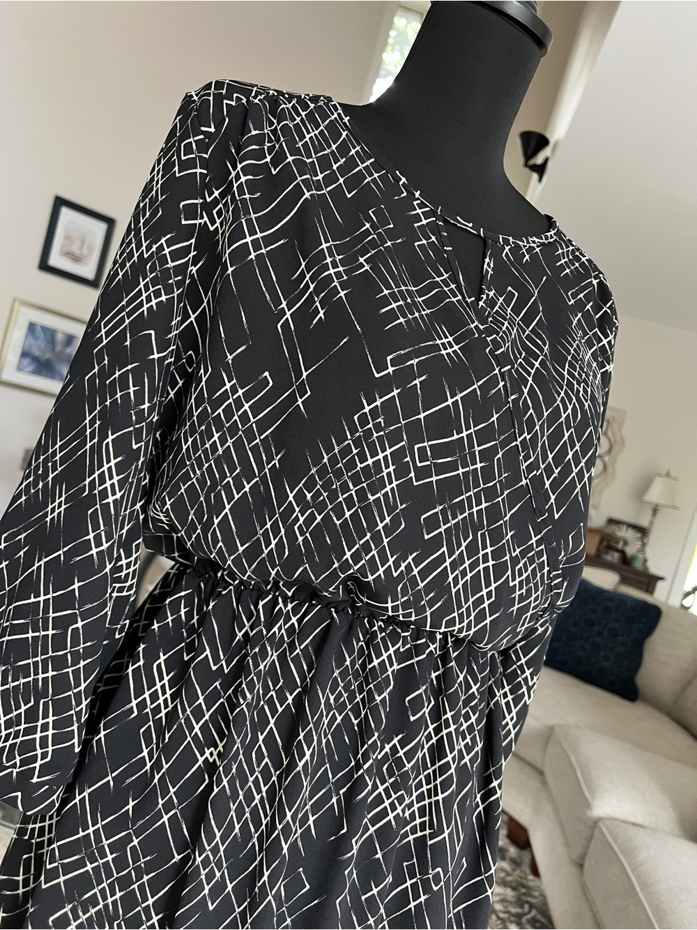 Lush Black and Tan Geometric 3/4 Length Sleeve Dress